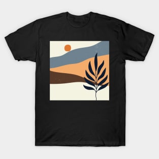 Contemporary abstract mountains and hills landscape with leaves branch digital design illustration T-Shirt